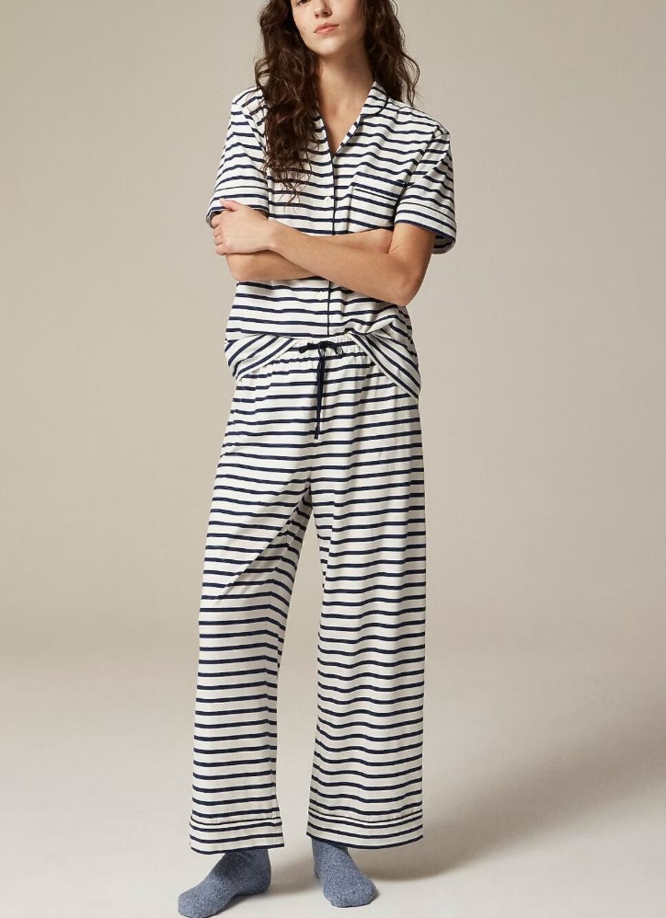 J. Crew Pajama Set dreamy Cotton Blend Classic Stripe Navy Blue Cream M Medium